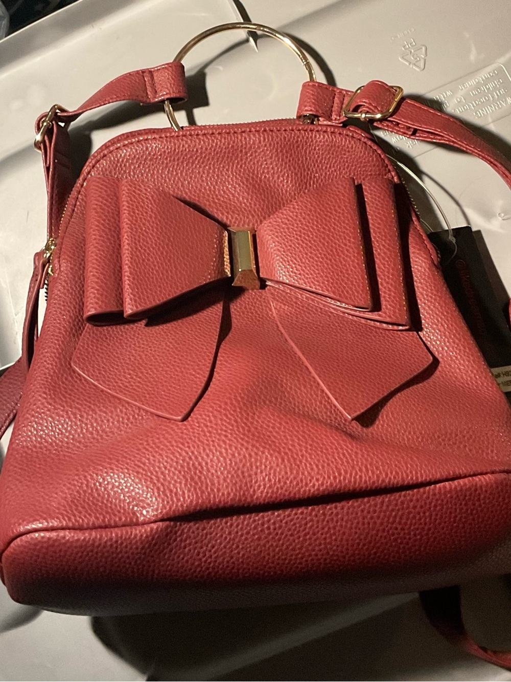 Women's Maroon/ Merlot Faux Leather Backpack With Bow - Picture 4 of 4